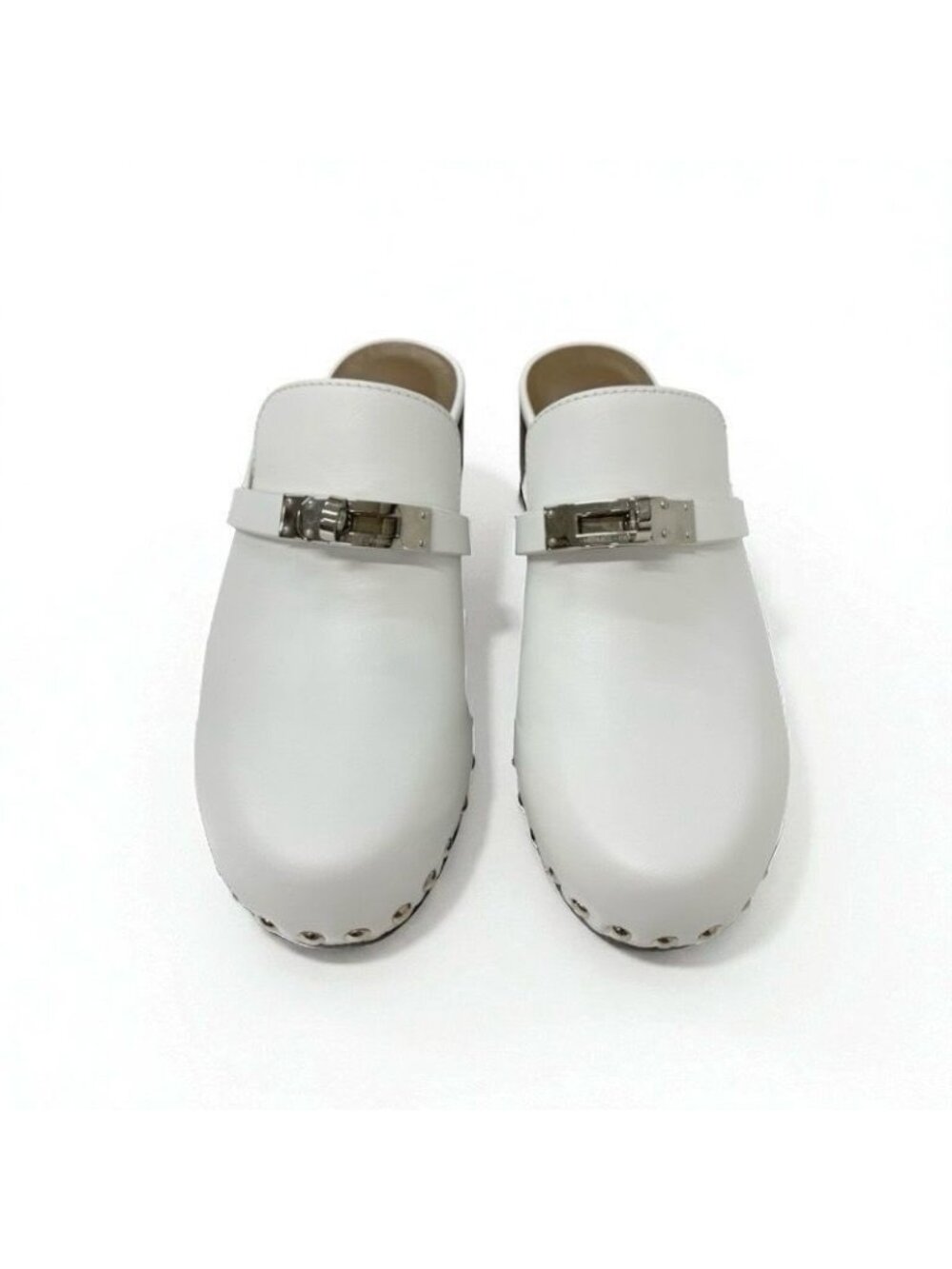 Hermes Carlotta Sandals Shoes Leather White Silver Kelly Hardware Sabo Mule - Picture 3 of 11